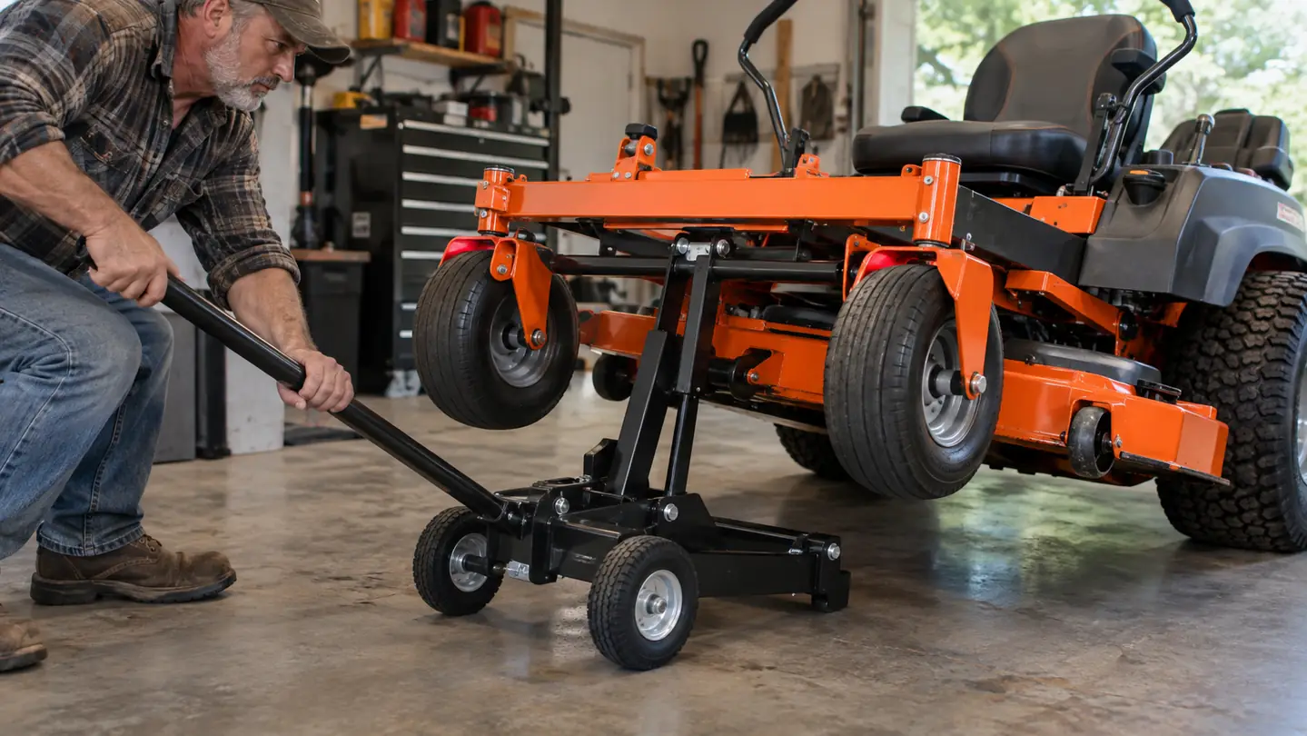 A lift jack positioned under the front axle of a zero turn mower, the front wheels off the ground