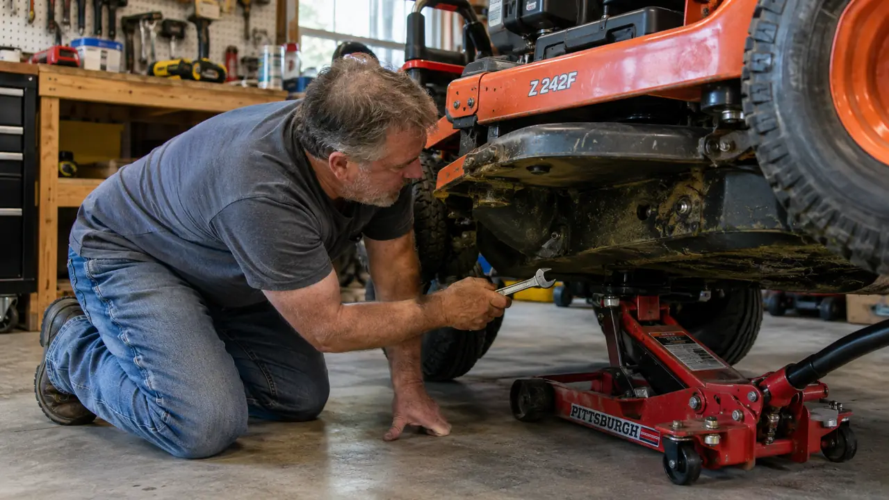 A man in his late 50s kneeling beside a zero turn mower with the deck raised, reaching under the deck with a wrench