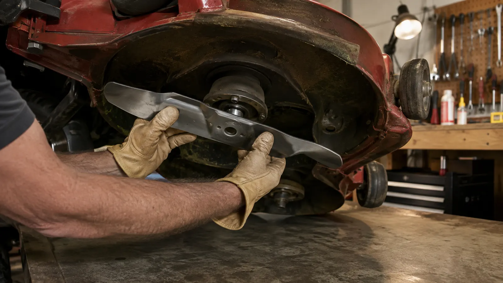 A hand installing a high lift mower blade under a zero turn mower deck