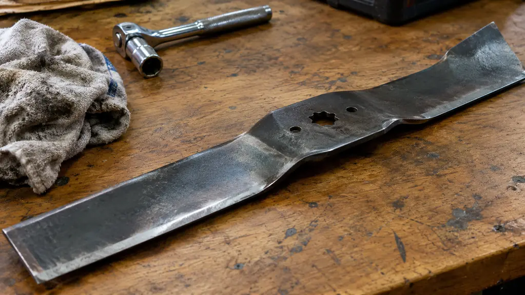 A close view of a high lift blade wing and cutting edge on a workbench
