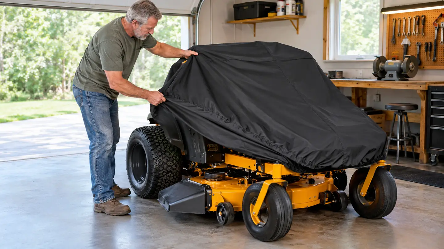 A man in his late 50s pulling a fitted mower cover over a zero turn mower in a garage