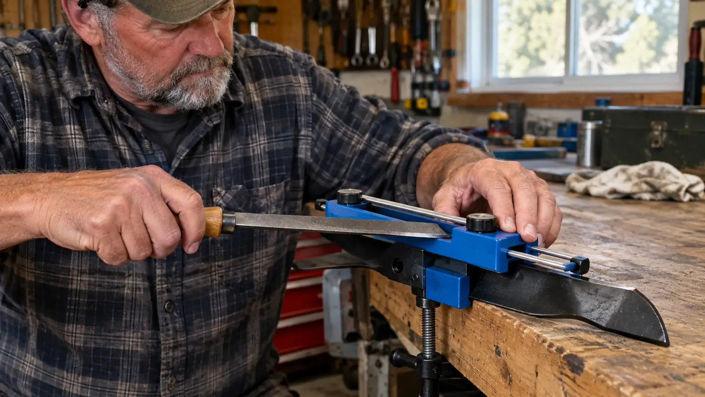A hand running a finger along the cutting edge of a mower blade mounted in a sharpening guide on a workbench