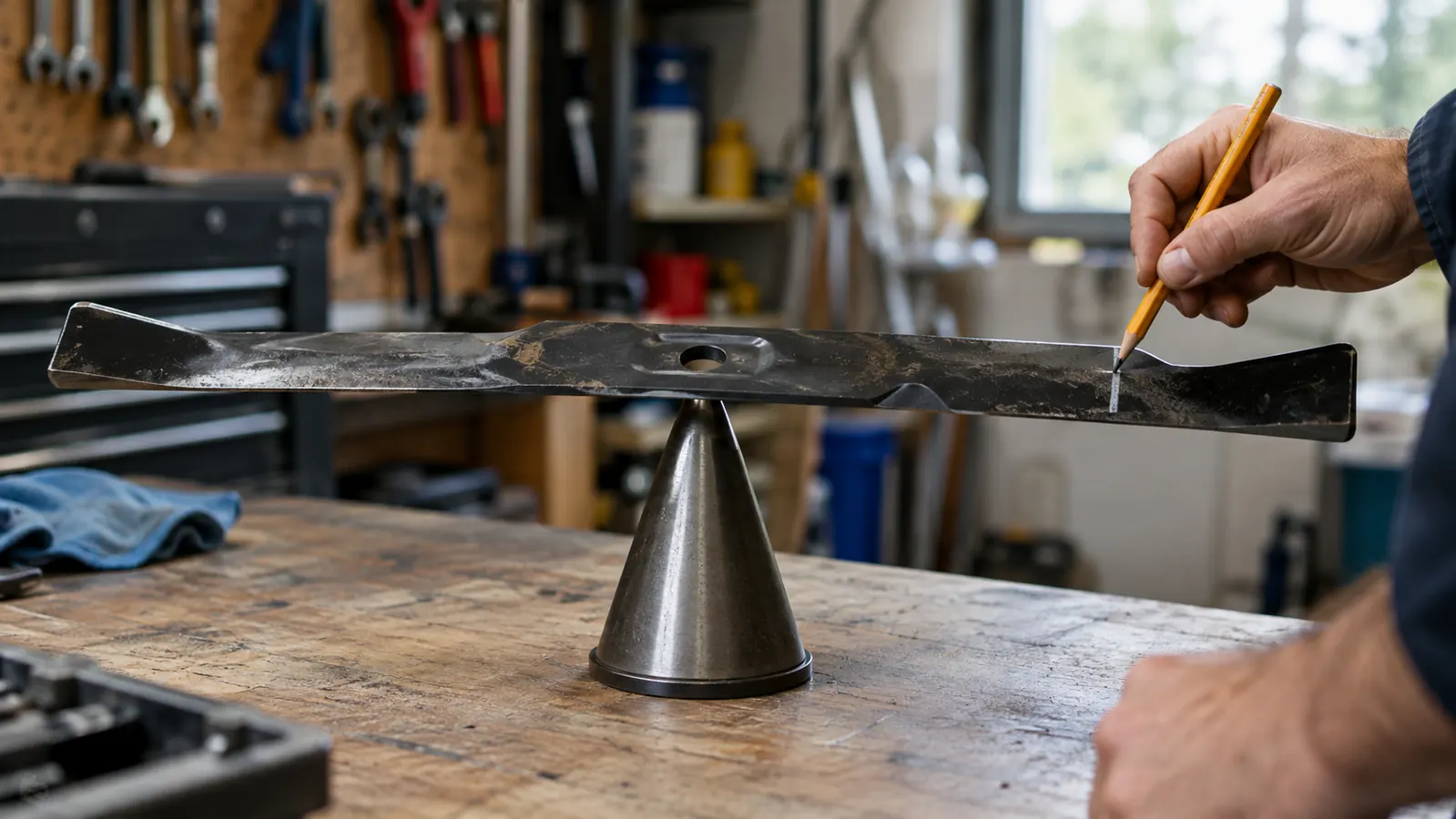 A mower blade resting on a balancer cone, with the high side marked with a pencil line