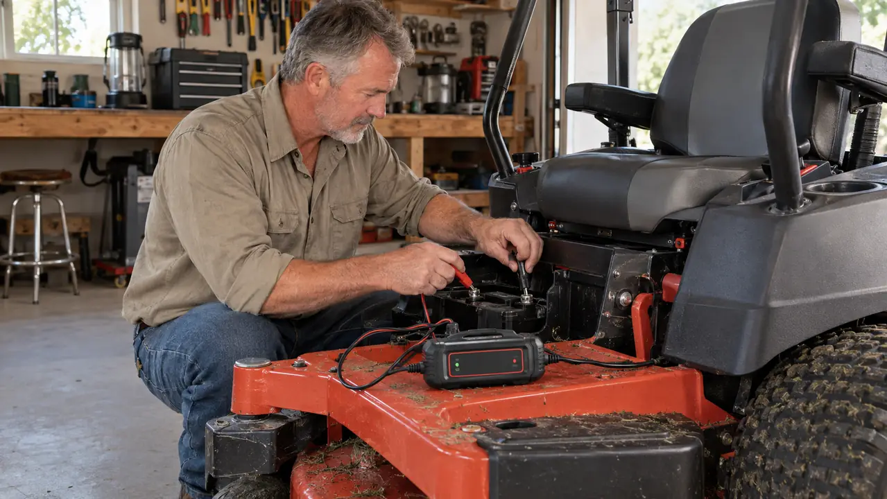 A man in his late 50s connecting a small maintainer to the battery of a zero turn mower
