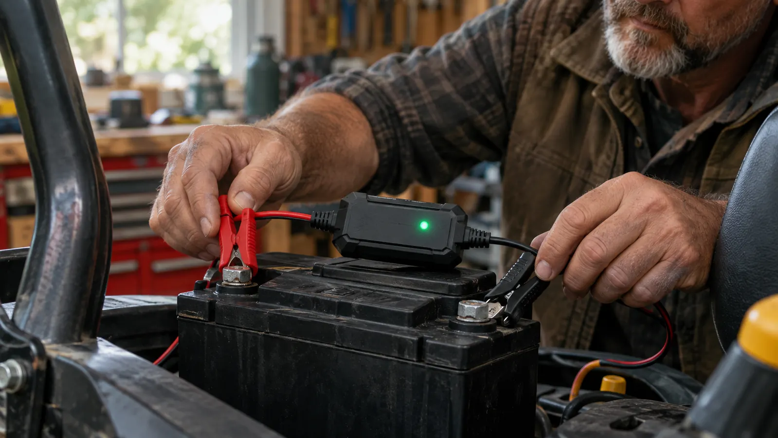 Close view of a small black battery maintainer clipped to a zero turn mower battery, its red and black leads connected and a green indicator light glowing