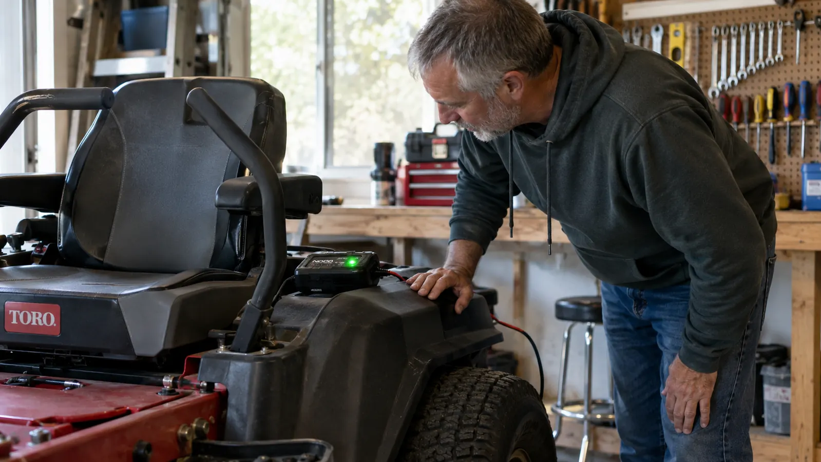 A man in his late 50s checking the battery maintainer's indicator light on a zero turn mower parked in a garage