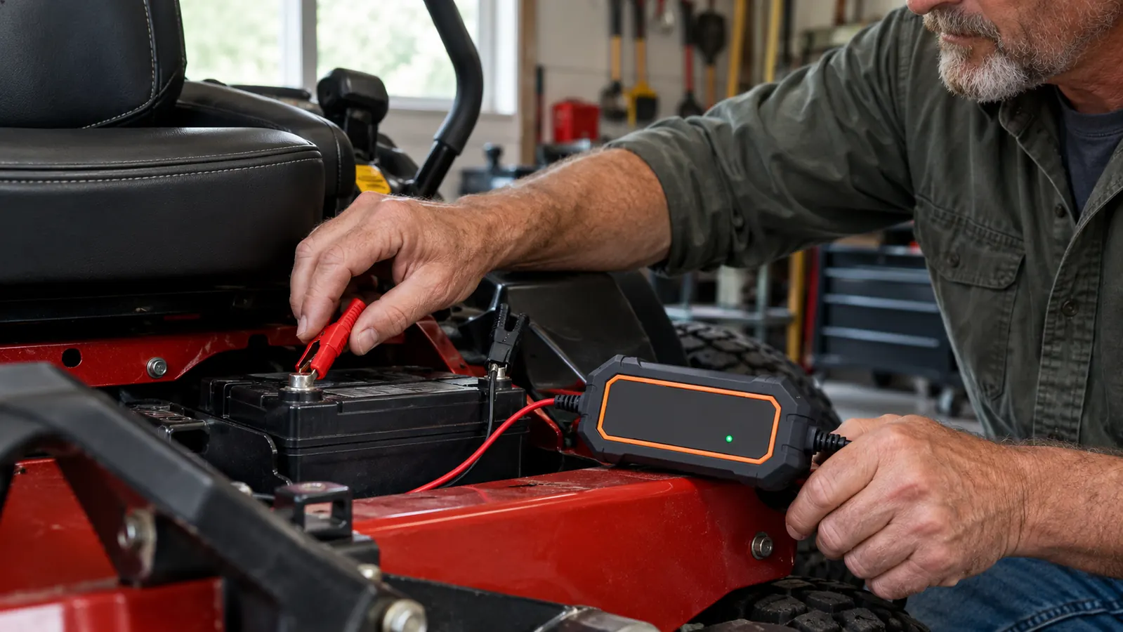 Close view of a small battery maintainer clipped to a battery on a zero turn mower, the garage wall blurred behind it