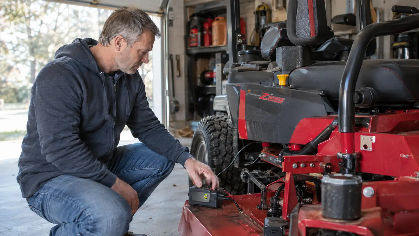 A man in his late 50s kneeling beside a zero turn mower in a garage, checking a small maintainer indicator light