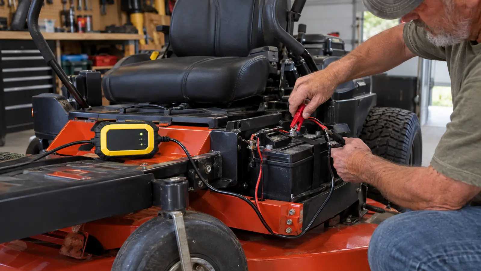 A small charger with two leads clipped to a battery on a zero turn mower, the charger resting on the frame