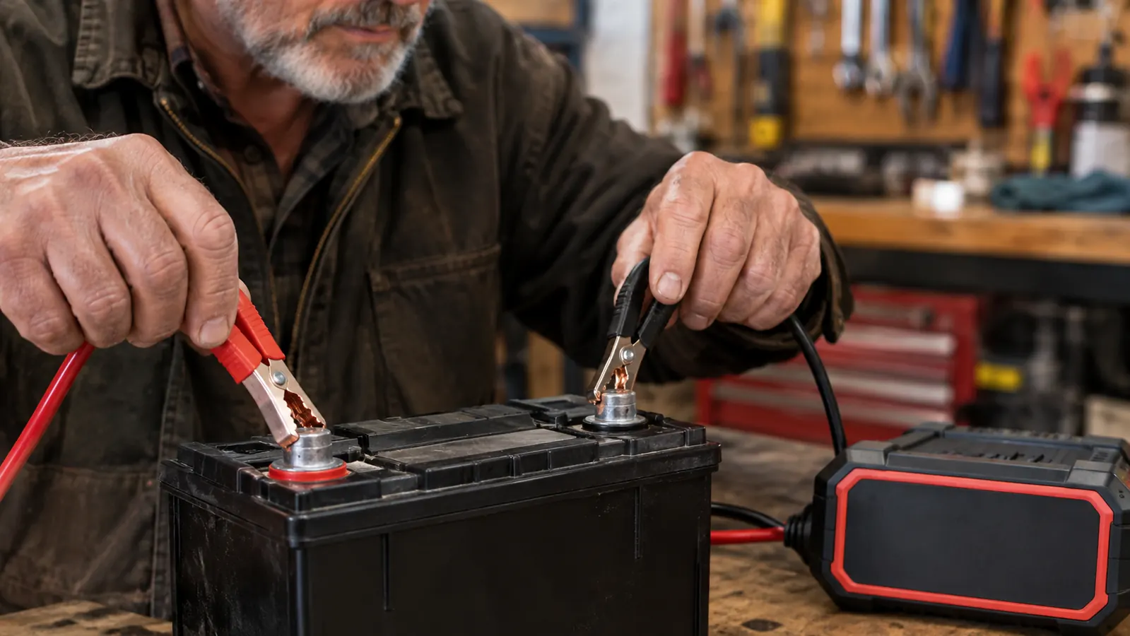 A small battery maintainer clipped to the battery of a zero turn mower, red lead on the positive terminal