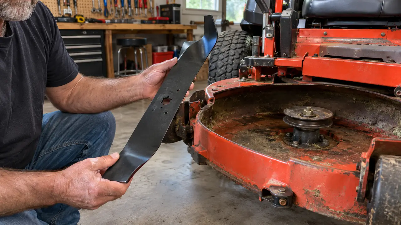 A hand holding a high lift mower blade with a tall curved wing beside a zero turn mower deck