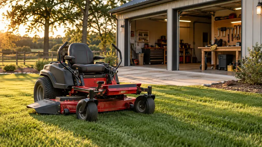 A zero turn mower parked on a freshly striped lawn in front of an open two-bay garage at golden hour