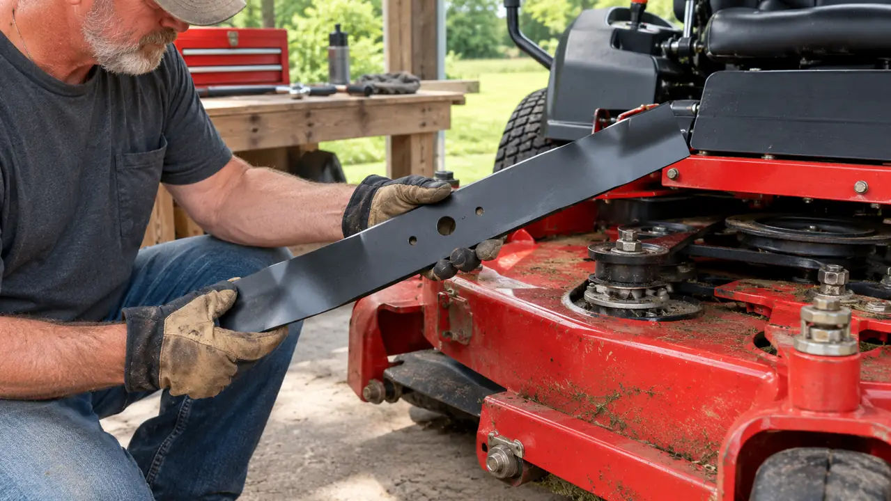 A hand holding a high lift mower blade beside a zero turn mower deck