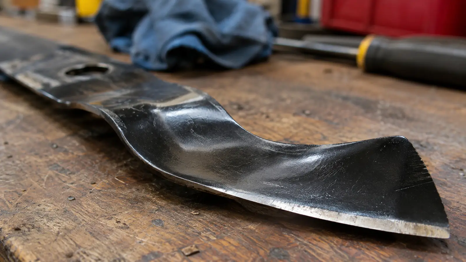 A close view of a high lift blade showing the curved wing near the cutting edge