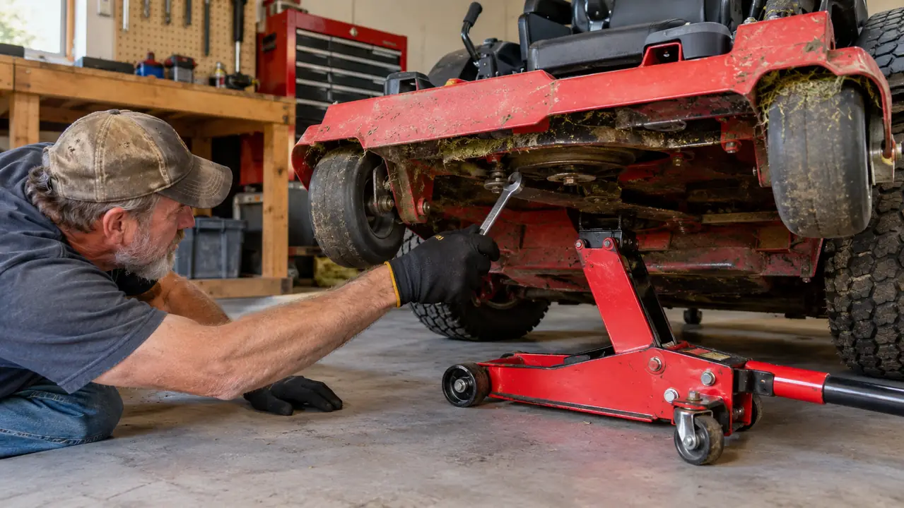 A close view of a zero turn mower deck raised on a lift jack while a gloved hand reaches under it with a wrench