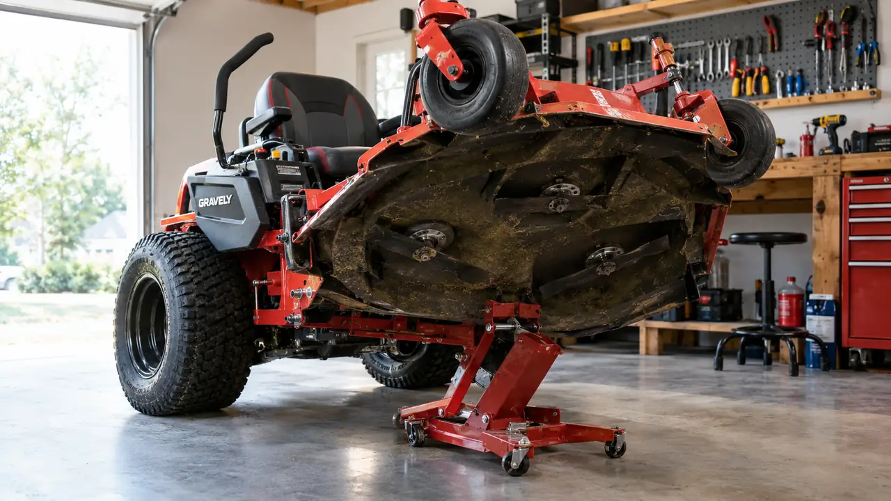 A zero turn mower parked on a concrete garage floor with the deck raised on a lift jack, showing the blades and spindles underneath