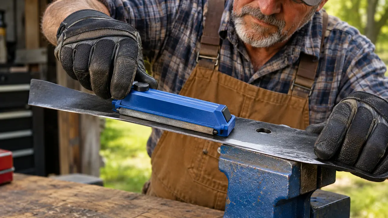 A gloved hand running a sharpener guide along the cutting edge of a mower blade clamped on a workbench