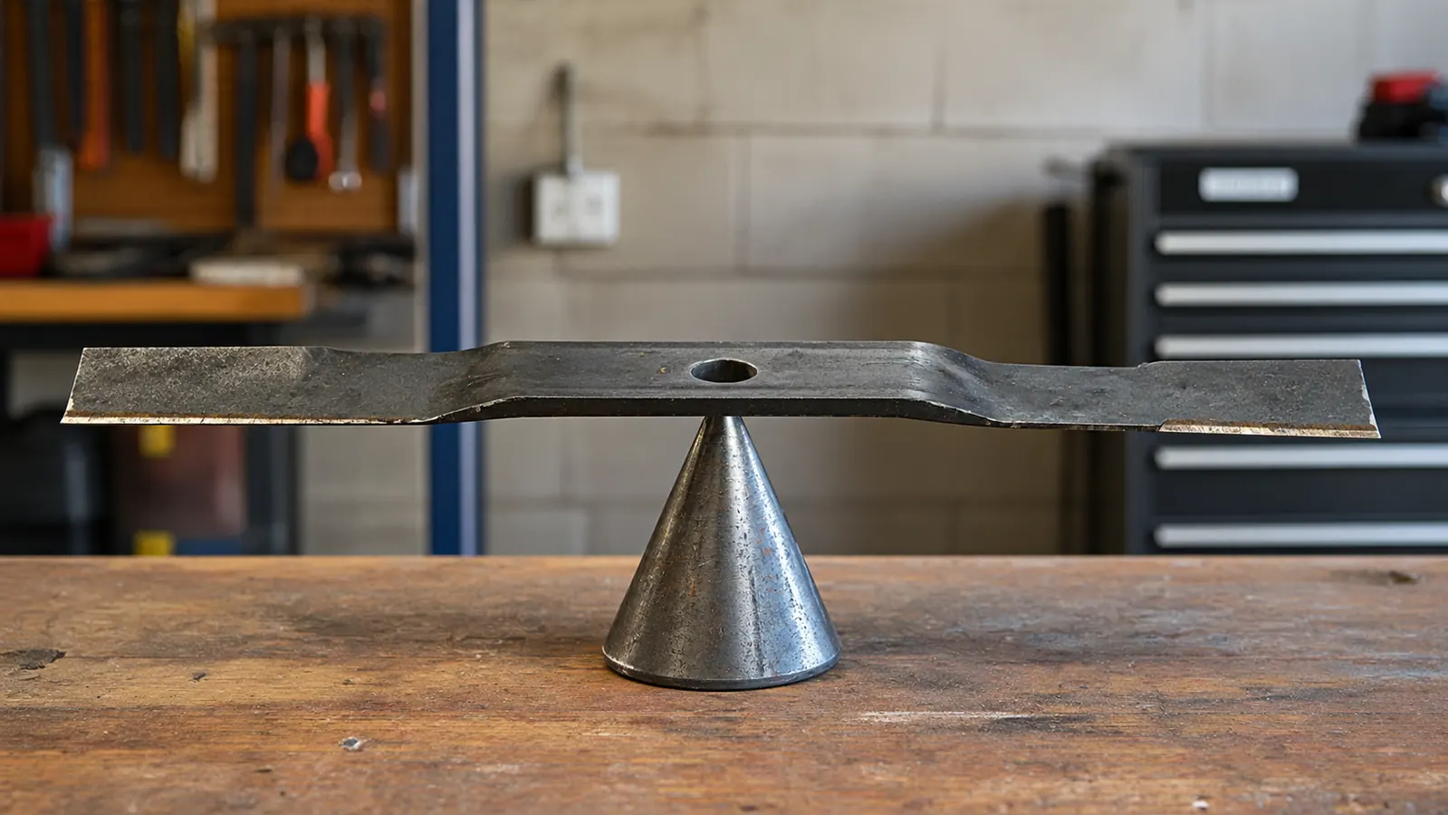 A mower blade sitting on a cone balancer on a workbench, the blade level and centered