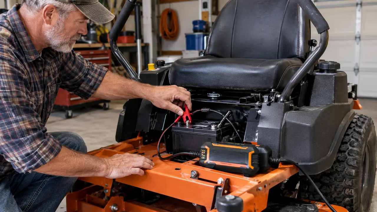 A small automatic battery maintainer clipped to the battery terminals of a zero turn mower, the charger resting on the mower frame