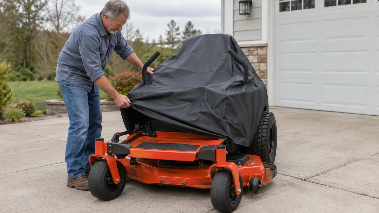 A man in his late 50s pulling a fitted cover down over the control levers of a zero turn mower