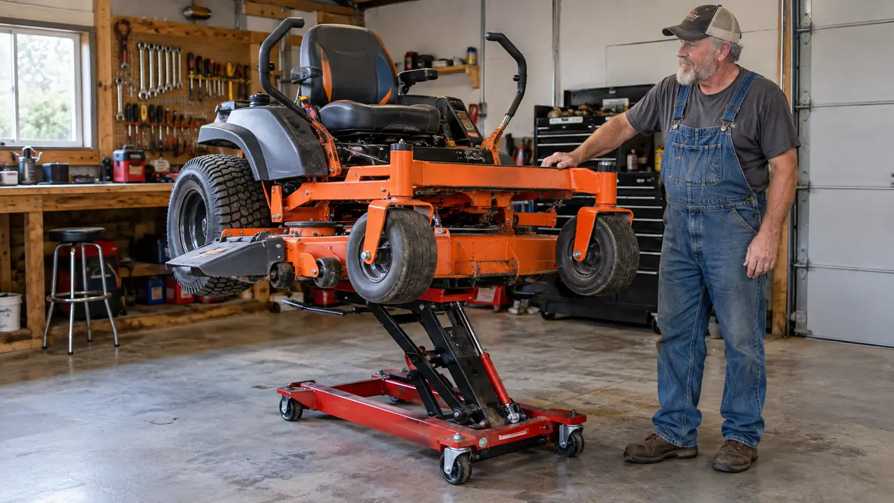 A zero turn mower raised on a lift jack in a garage, a man in his late 50s working beside it