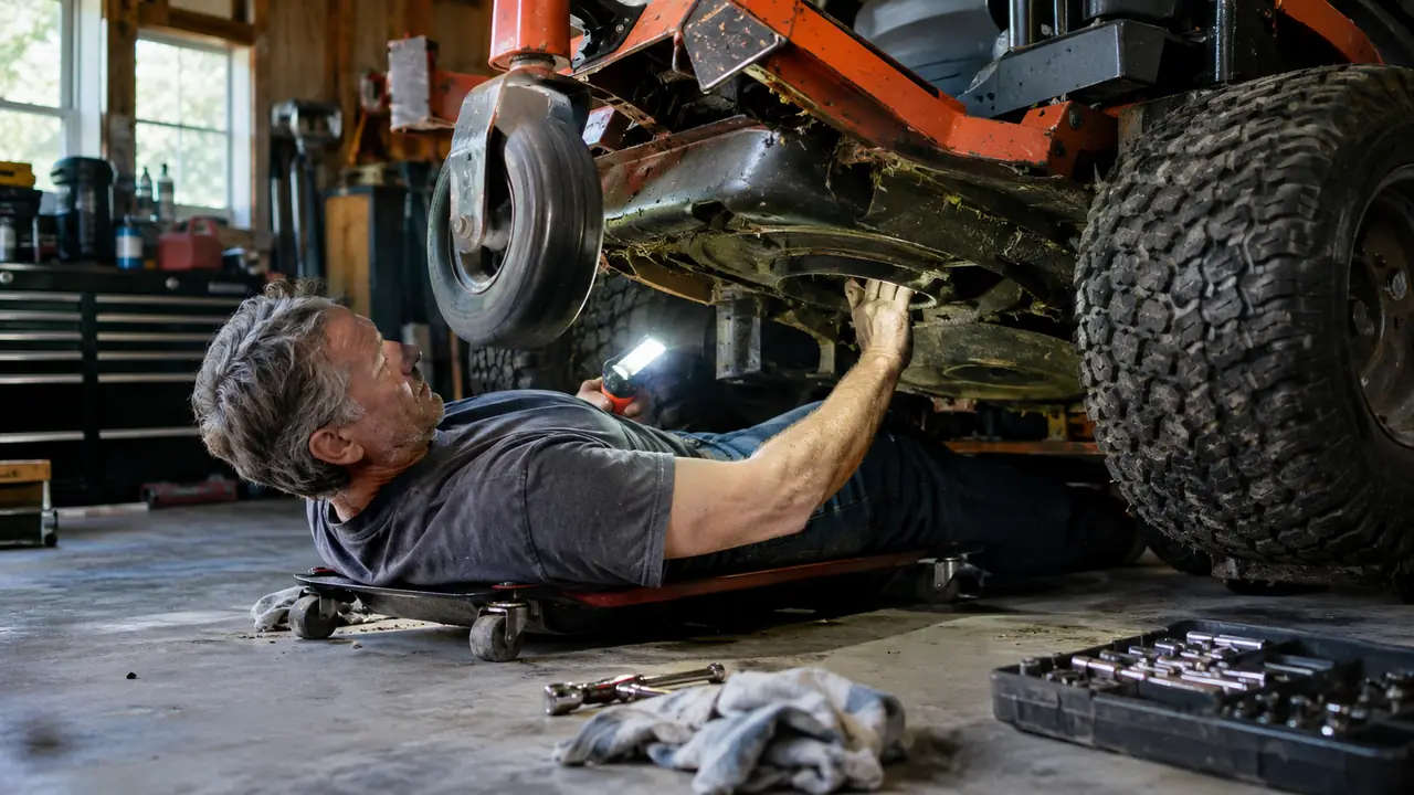A man in his late 50s reaching under a raised zero turn mower in a garage