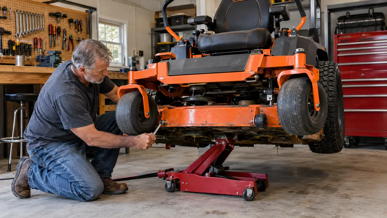 A zero turn mower raised on a lift jack in a garage, a man in his late 50s kneeling beside the deck with a wrench