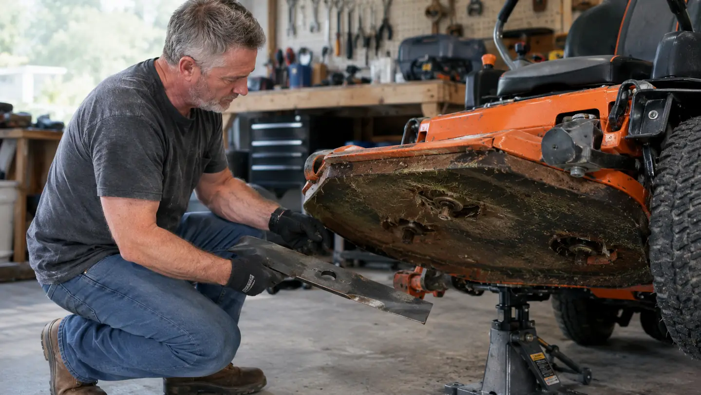 A man in his late 50s sliding a replacement blade off a zero turn mower deck that is raised on a lift jack