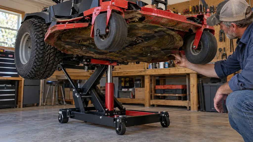 A zero turn mower raised on a lift jack in a garage, showing the deck and blades underneath