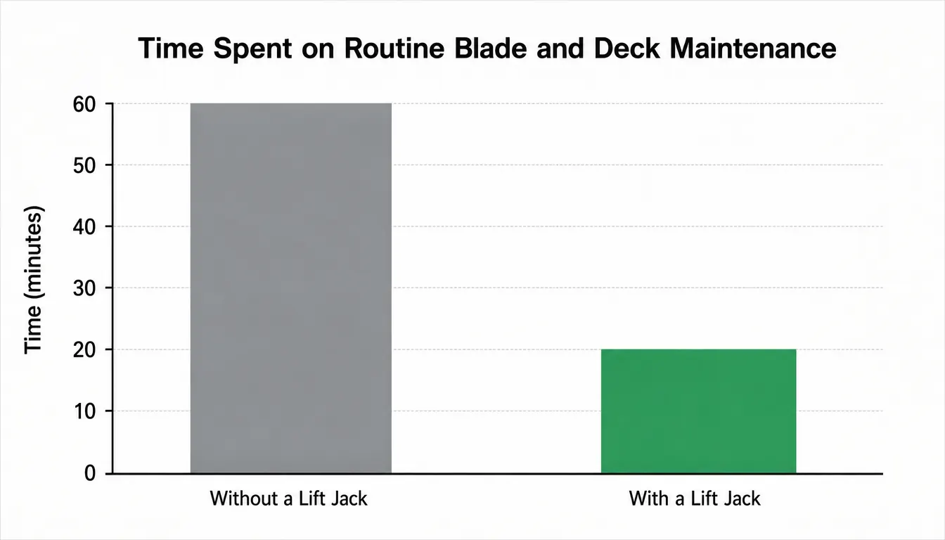A chart showing how long routine blade and deck maintenance takes with and without a lift jack