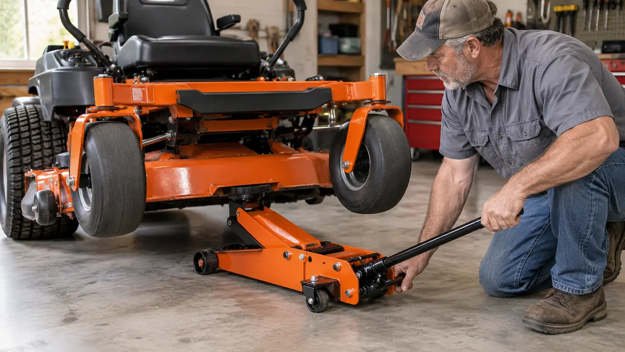 A lift jack positioned under the front of a zero turn mower, the front wheels off the floor