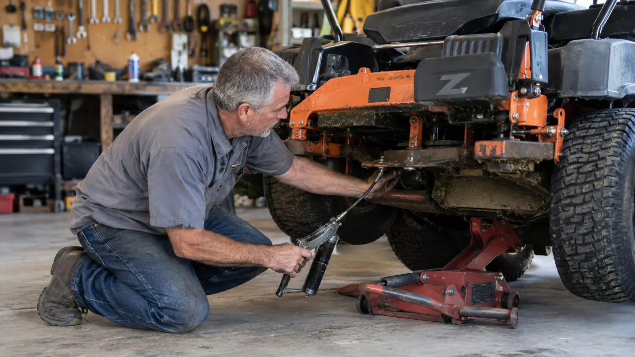 A man in his late 50s in a gray work shirt kneeling beside a zero turn mower raised on a lift jack, reaching toward the underside with a grease gun
