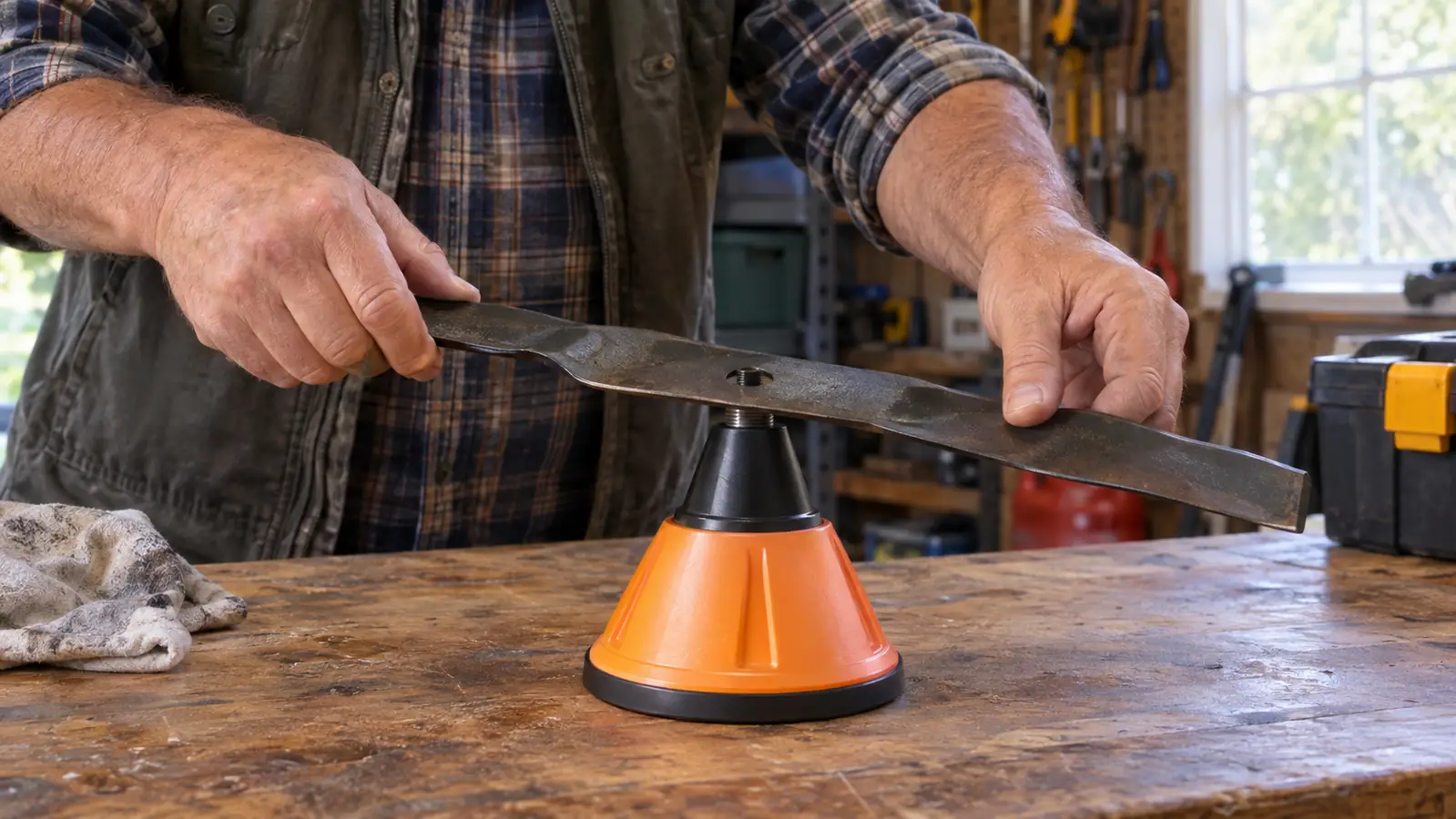 A hand placing a mower blade onto a balancer cone on a workbench