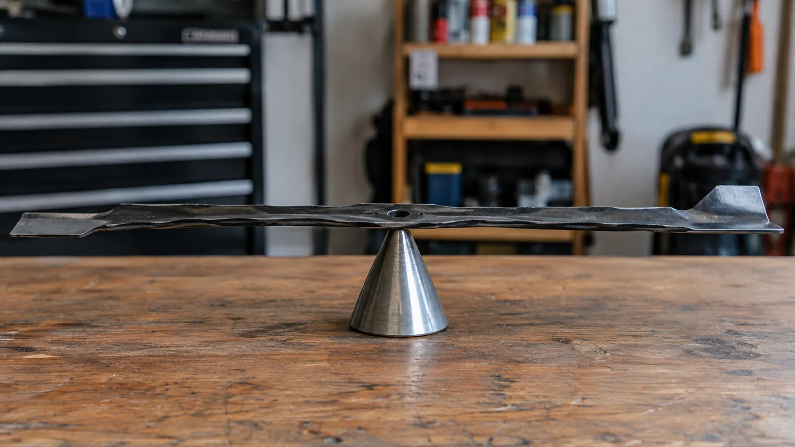 A mower blade resting on a balancer cone, level and centered