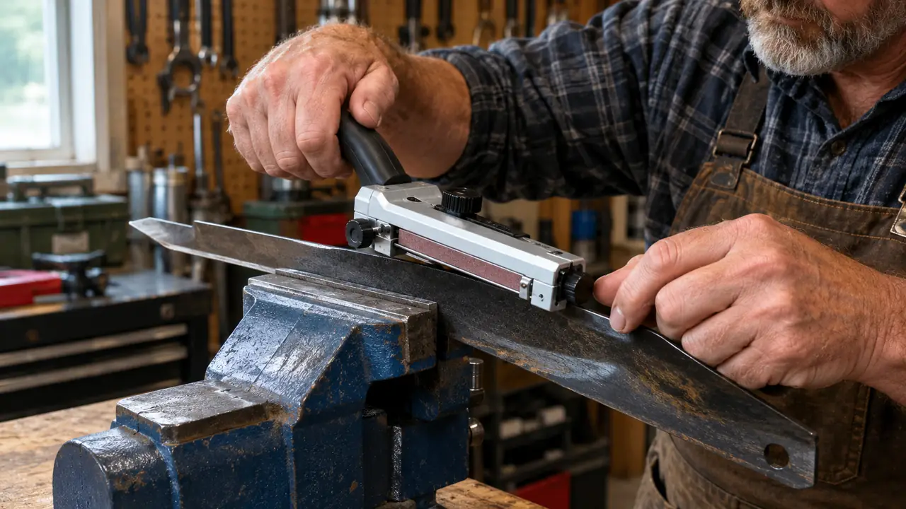 A hand using a lawn mower blade sharpener on a blade clamped in a bench vise
