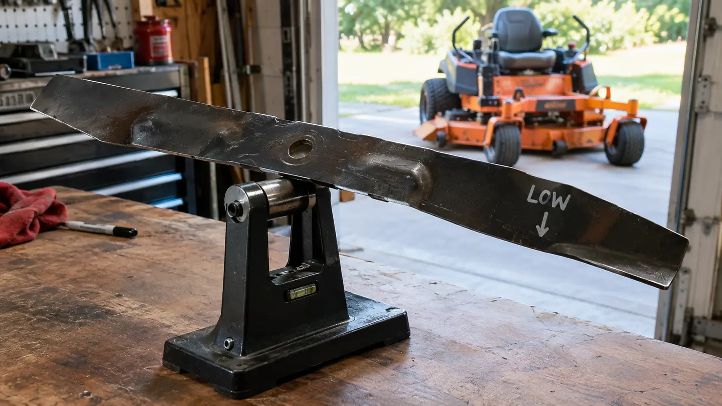A lawn mower blade sitting on a blade balancer with the low side marked with a marker