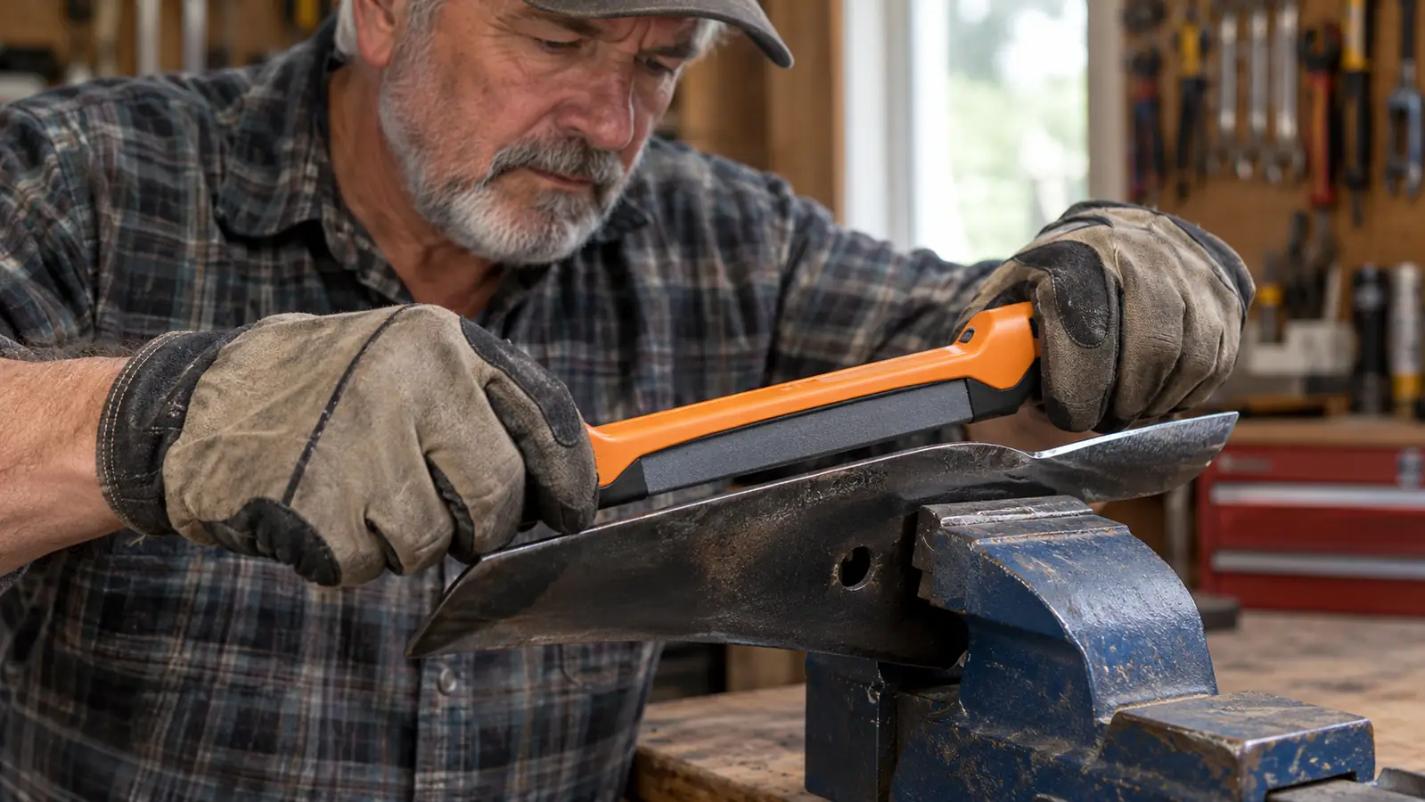 A hand in a work glove running a blade sharpener along the edge of a mower blade clamped in a bench vise