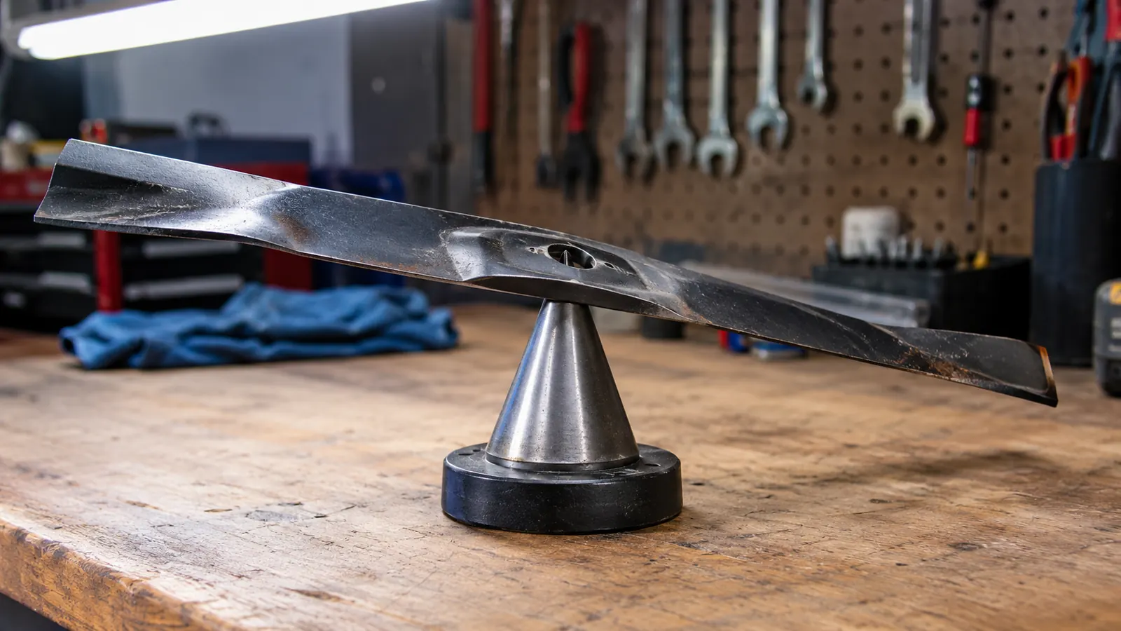 A mower blade resting on a balancer cone, with the high side of the blade turned down toward the workbench
