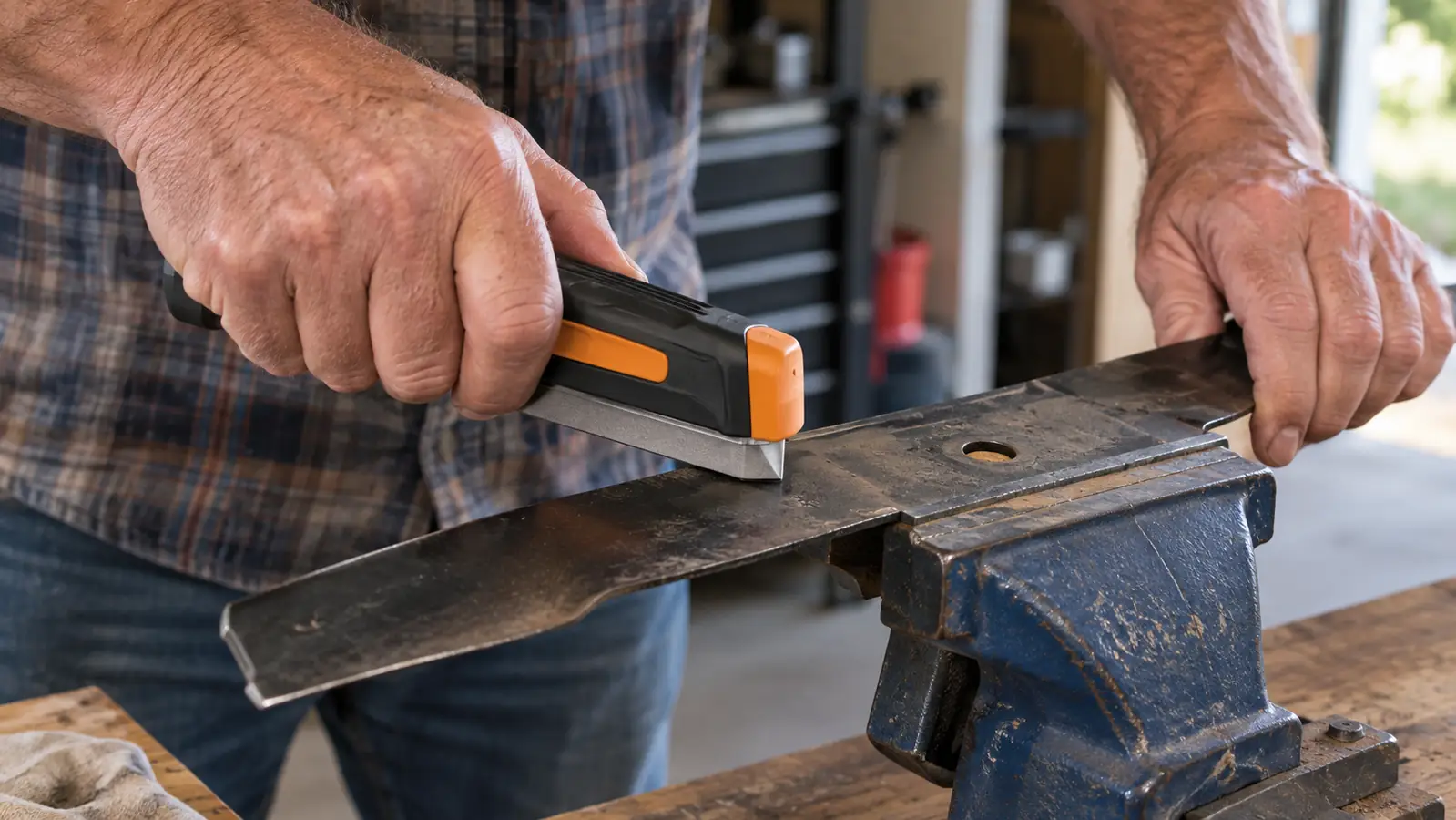 A hand guiding a compact blade sharpener along the edge of a mower blade clamped on a workbench