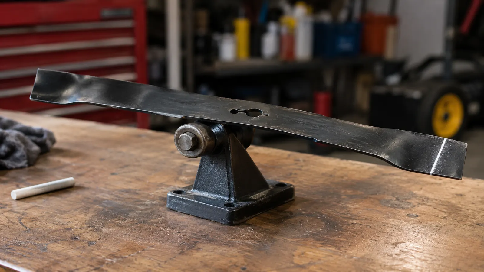 A mower blade resting on a balancer stand with the high side marked with a piece of chalk