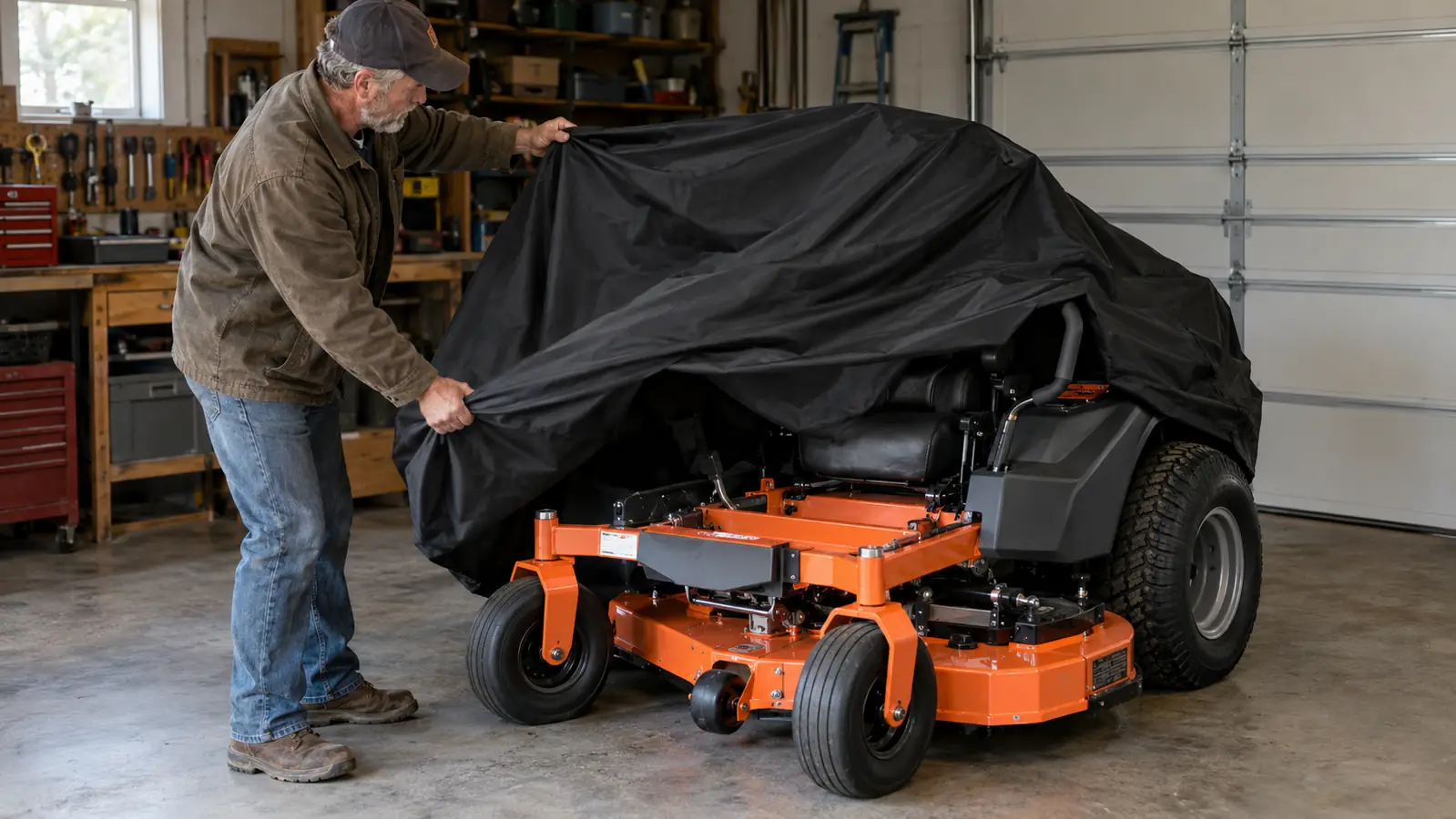 A man in his late 50s pulling a fitted cover over a zero turn mower in a garage