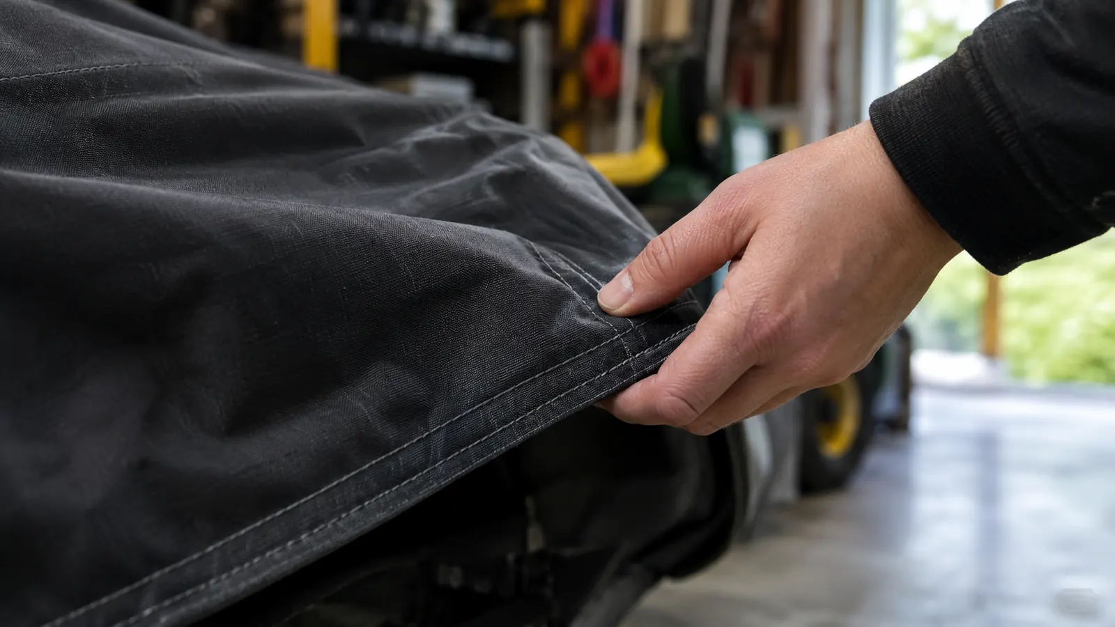 A close-up of a hand running along the stitched hem of a mower cover