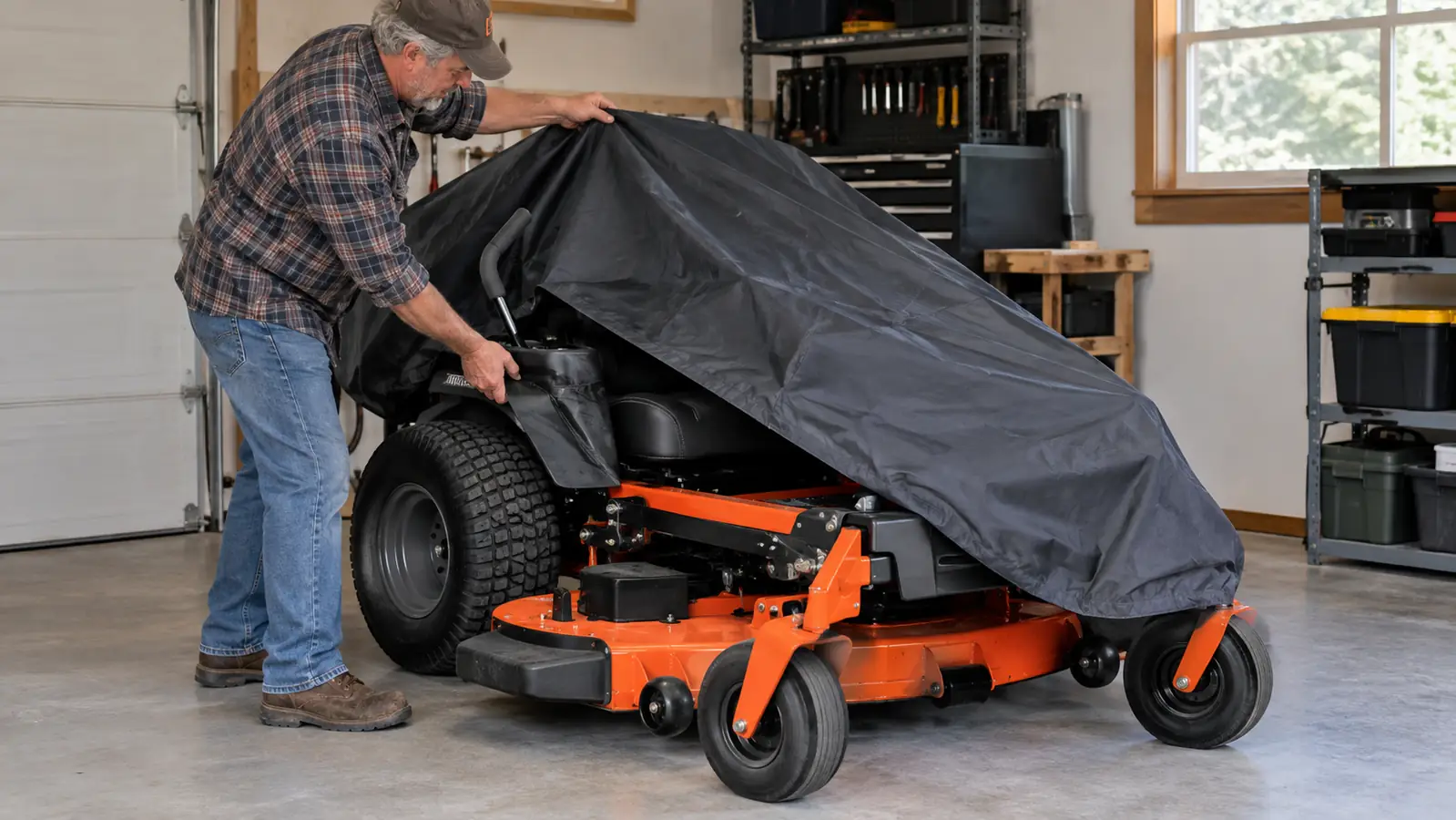 A man in his late 50s pulling a fitted cover over a zero turn mower in a garage