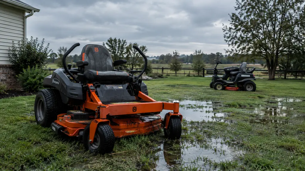 A zero turn mower parked on a wet lawn after a storm, with a neighbor's uncovered mower in the background