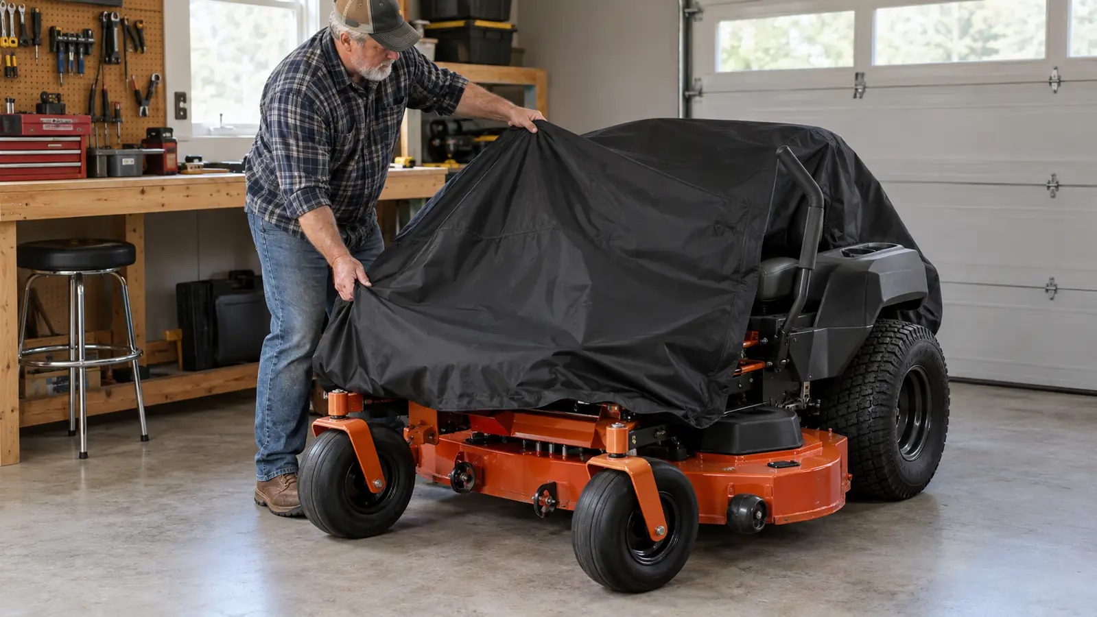 A man in his late 50s pulling a fitted mower cover over a zero turn mower in a garage
