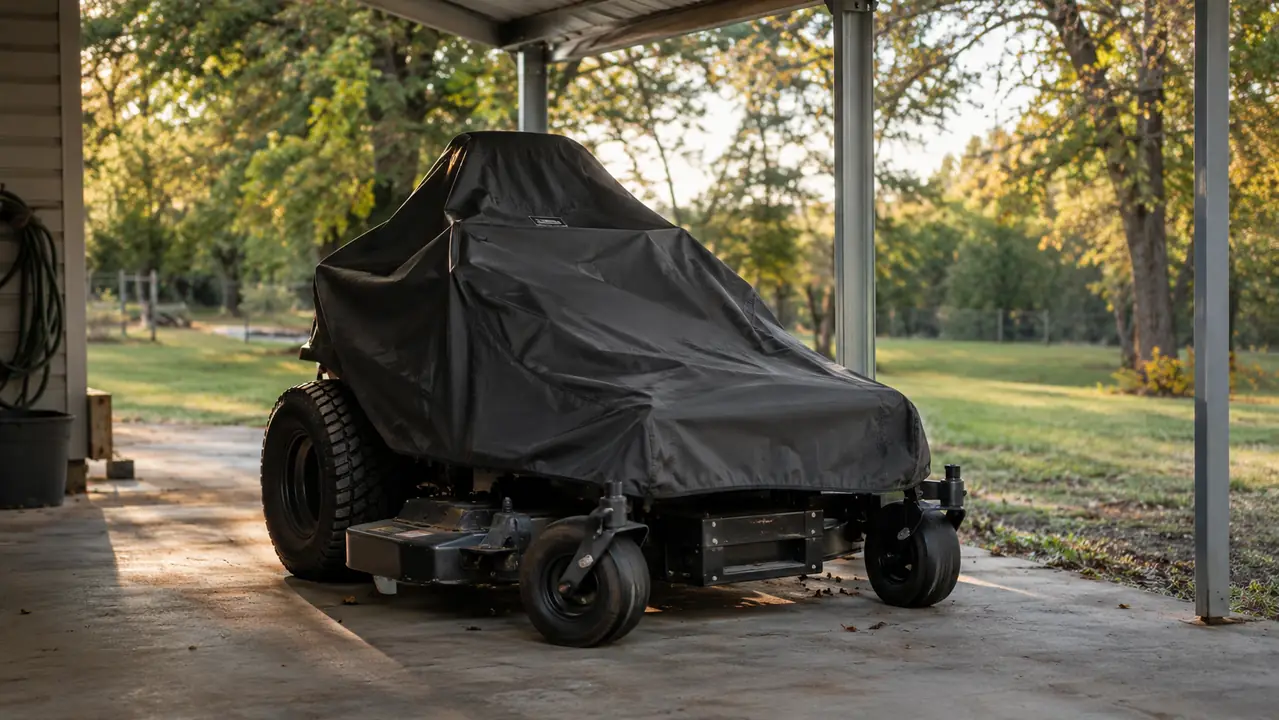 A zero turn mower parked under a carport with a fitted cover on, late afternoon light, trees in the background