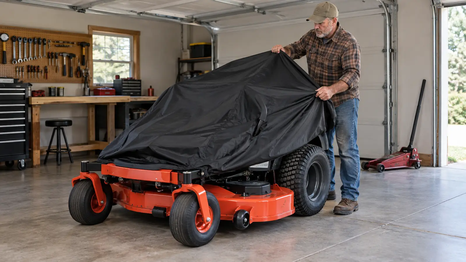 A man in his late 50s pulling a cover over a zero turn mower in a garage