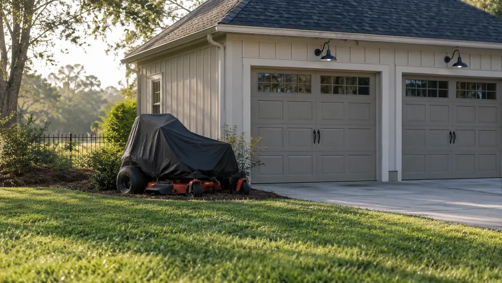 A zero turn mower parked under a cover beside a garage, morning light