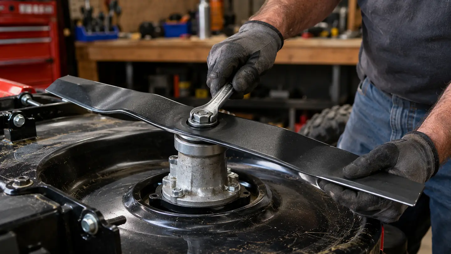 A gloved hand installing a mower blade onto a zero turn mower deck with a wrench