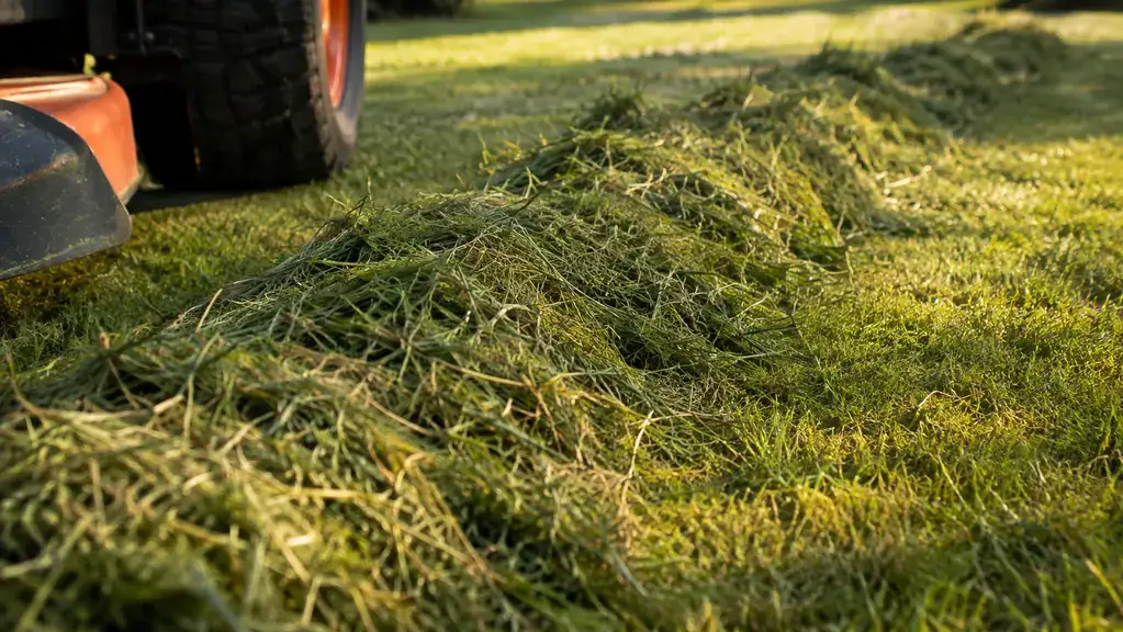 A close view of cut grass clippings lying in a windrow beside a mowed lawn